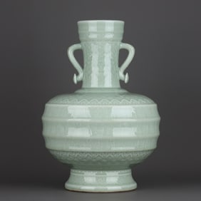 A Rare Bean Green Glazed Carved Hundred Longevity Pattern Vase