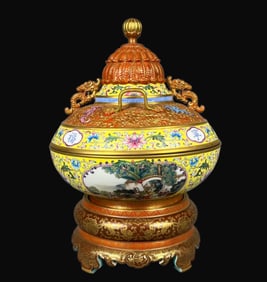 A Rare Enamel Carved and Outline in Gold Landscape and Figure Pattern Fruit Box