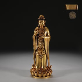 A Rare Gilt Bronze Dharma-Wheel-Holding Avalokitesvara Standing Statue