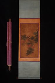 A Chinese Vertical Scroll Ink Painting of flower and bird on Silk