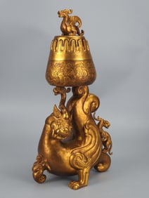 A Rare Gilt Bronze Auspicious Beast Incense Burner