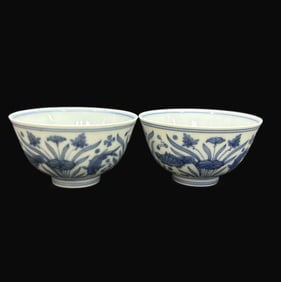 A pair of Rare Blue and White Fish and Lotus Pattern Cup