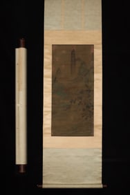 A Chinese Vertical Scroll Ink Painting of Landscape on Silk