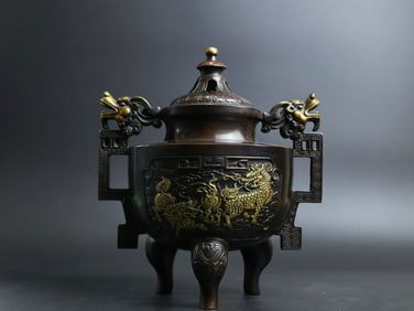 A Rare Red Copper Relief Carved and Gilt Beast-Ears Censer