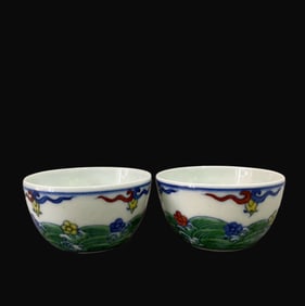 A pair of Rare  Doucai Falling Flower Flowing Water Pattern Cups