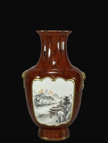 Imitation Wood Grain Glazed Ink Color Outline in gold Landscape Pattern Vase