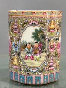 A Rare Enamel Color Figure Story Pattern Brush Pot
