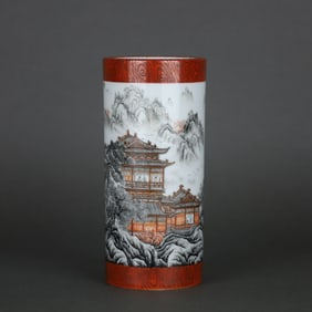 A Rare Iron-Red Ink Color Landscape Figure Pattern Brush Pot