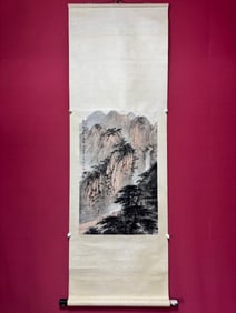 A Chinese Vertical Scroll Ink Painting of Landscape on Paper