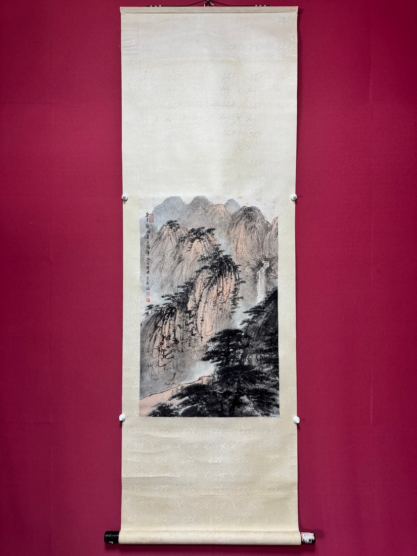 A Chinese Vertical Scroll Ink Painting of Landscape on Paper: A Chinese Vertical Scroll Ink Painting of Landscape on Paper,Modern Time of China,Fu Baoshi,without frame size:27.2inx16.9in 一幅中国水墨纸本山