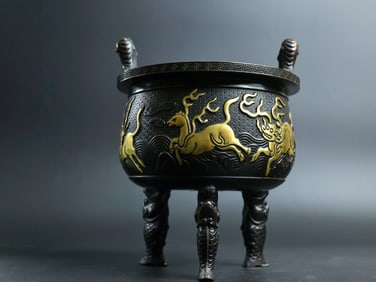 A Rare Red Copper Relief Carved and Gilt Square-Ears Censer