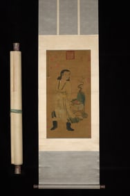 A Chinese Vertical Scroll Ink Painting of figure on Silk