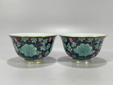 A pair of Black Glazed Green Color Outline in gold Flower Pattern Cup