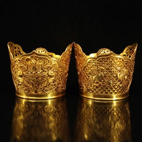 A pair of Rare Gilded Copper Hollow Dragon and Phoenix Coronet Hats