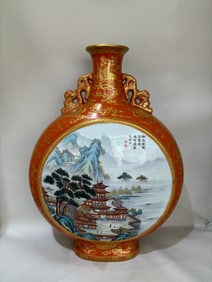 A Rare Iron-Red Gold-outline Landscape and Crane Pattern Vase