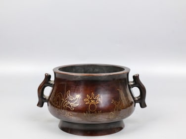 A Rare Red Copper Silver-Inlaid Double-Ears Censer
