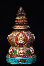 A Rare Crystal Carved Inlaid Dzi Bead Gems Pagoda