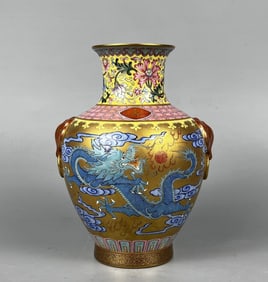 A Rare Enamel Gold Ground Dragon Pattern Double-Ears Vase