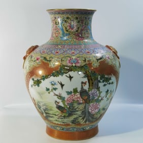 A Rare Enamel Flower and Bird Patterns  Outline in Gold Vase