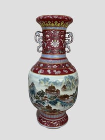 A Rare Ruby Red Landscape and Flower Pattern Vase