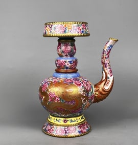 A Rare Enamel Carved and Outline in Gold Flower and Dragon Pattern Ewer