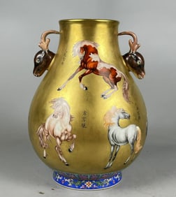 A Rare Enamel Gold Ground Horse Pattern Double-Ears Zun