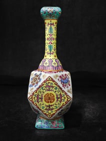 A Rare Enamel Fortune Longevity Lotus Pattern Prismatic Vase