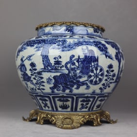 A Rare Blue and White Copper Inlaid Figure Story Pattern Jar