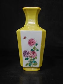 A Rare Famille-Rose Yellow Base Flower Pattern Square Vase