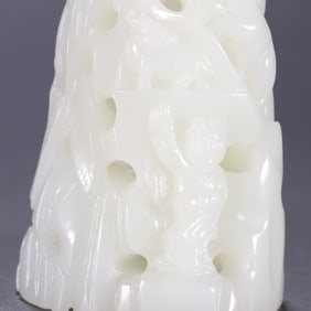 A Rare White Jade Hollow-Carved Figures and Rock Ornament