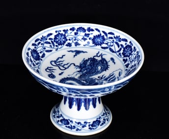 An Exquisite Blue and White Dragon Pattern Stem Plate