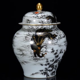 An Exquisite Ink Color Phoenix Pattern With Cover Jar, With Poem