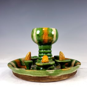 A Rare Tang Tri-Color Glazed Pottery Lotus Pattern Candlestick