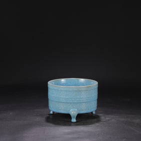 An Exquisite Ru yao Sky Blue Glazed Tripod Brush Washer,with an Imperial Poem by Emperor Qianlong