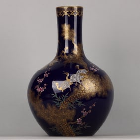 A Huge Ji Blue Glazed Painted GoldPine and Crane Pattern Vase,with Poem