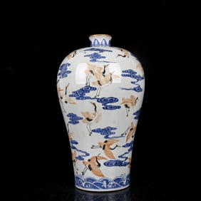 An Exquisite Blue and White Iron-Red Painted Gold Auspicious Cloud and Crane Pattern Vase
