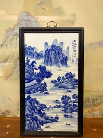 An Exquisite Redwood Inlaid Porcelain Plaques Blue and White Landscape and Figure Pattern Hanging