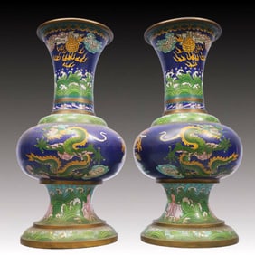A Pair of Exquisite Cloisonne Auspicious Cloud and Dragon Pattern Vases