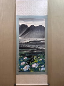 A Chinese Vertical Scroll Ink Painting of Lotus on Paper,Lin Fengmian