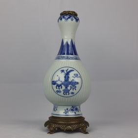 An Exquisite Blue and White Eight Treasures Pattern Inlaid Bronze Vase