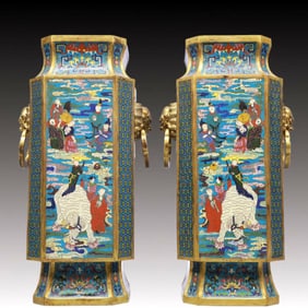 A Pair of Exquisite Cloisonne Character and Story Pattern Double-Ears Vases