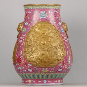 A Huge Enamel Gilt Dragon Pattern Beast-Ear Vase