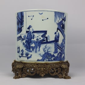 An Exquisite Blue and White Figure and Story Pattern Inlaid Bronze Brush Pot