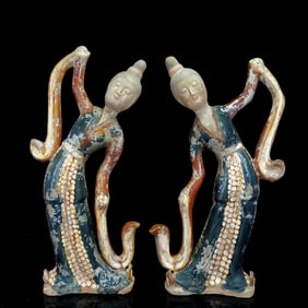 A Pair of Rare Tang Tri-Color Glazed Pottery Figure Ornaments
