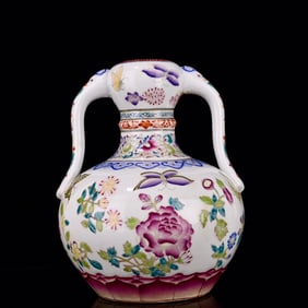 An Exquisite Famille-Rose  Flower and Butterfly Pattern Elephant-Ears  Vase