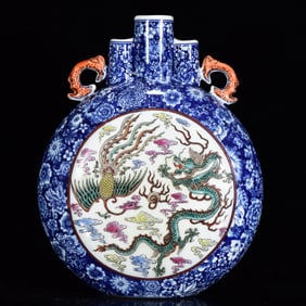 An Exquisite Blue and White Dragon and Phoenix Pattern Double-Ears Vase