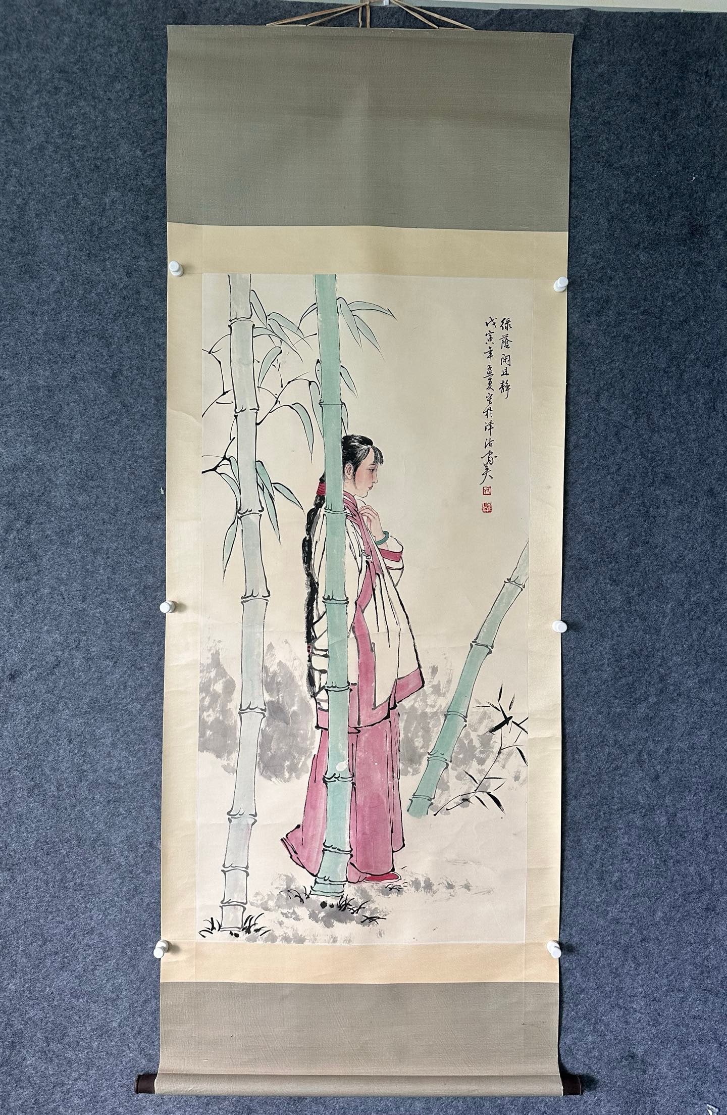 A Chinese Vertical Scroll Ink Painting of Figure on Paper: A Chinese Vertical Scroll Ink Painting of Figure on Paper,He Jiaying,Size:26.8inx53.5in 一幅中国水墨人物画立轴,何家英