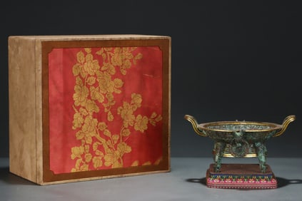 A Rare Bronze Inlaid Gold Auspicious Beast Pattern Double-Ears Censer,with Inscription