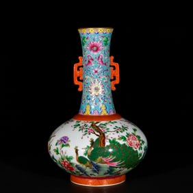An Exquisite Enamel Peacock and Peony Pattern Double-Ears Vase,with Poem