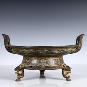 A Rare Bronze Double-Ears and Tripod Plate,With Inscription